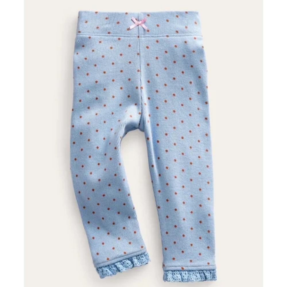 Baby Boden Polka Dot Lace Trimmed Leggings Size 2-3 Light Blue With Brown Dots